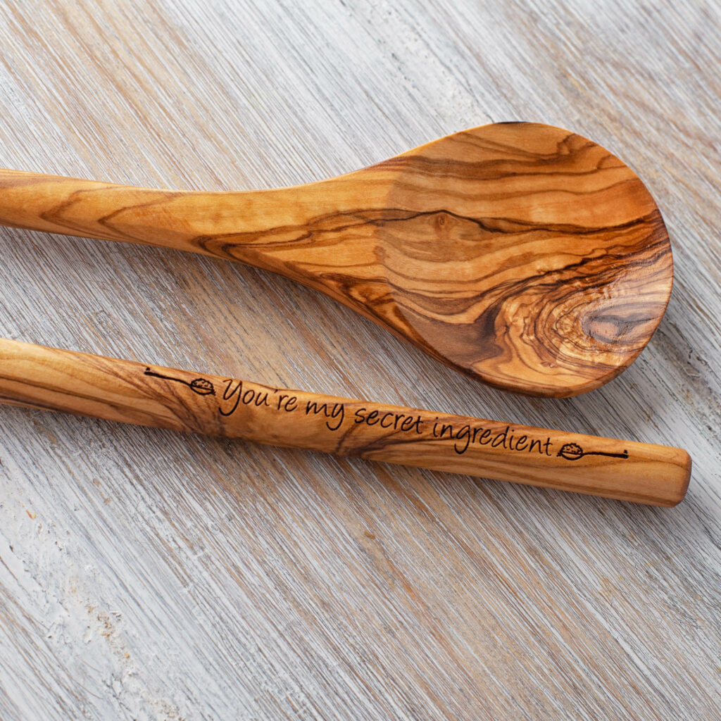 Rustic personalized round olive wood spoons