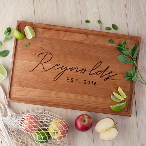 Rustic personalized wooden cutting board for newlyweds