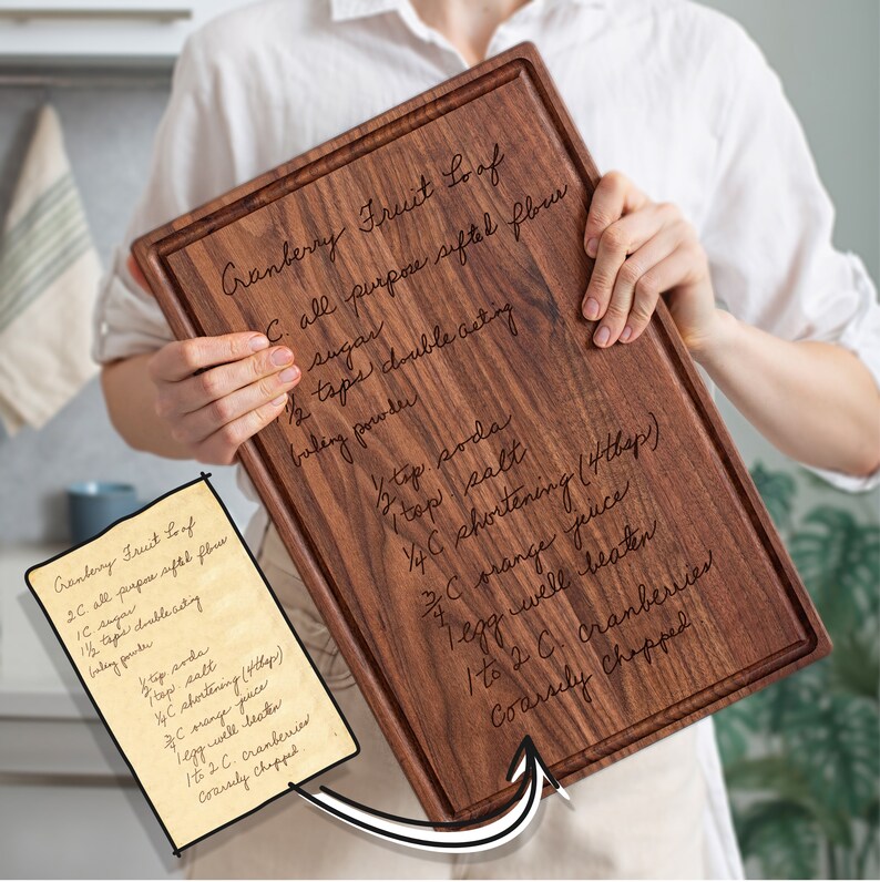 wooden cutting board with recipe engraved on it
