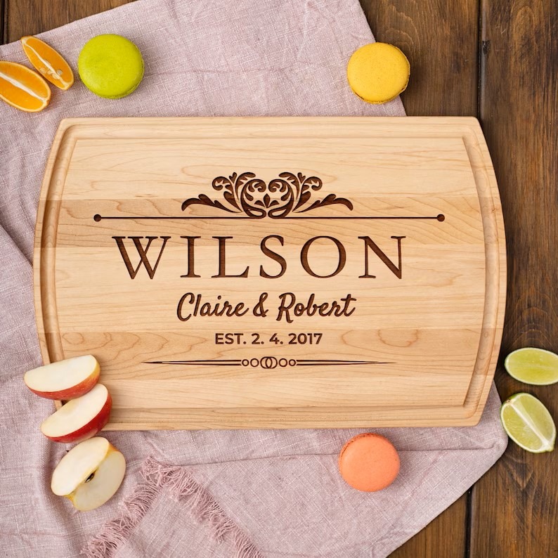 Personalized Cutting Board with Crest as wood wedding anniversary gifts