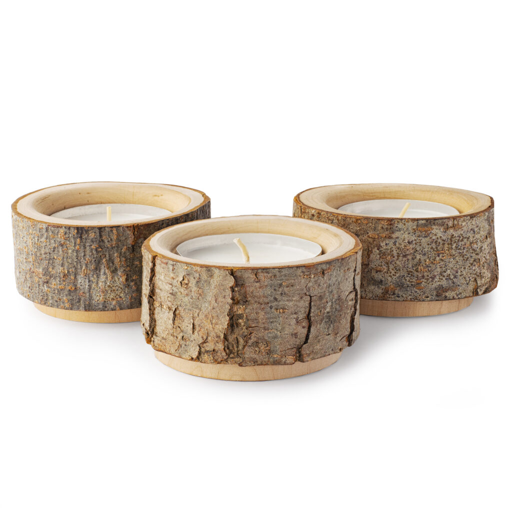 Wooden Tealight Candle Holder Set with 3 White Tea Lights