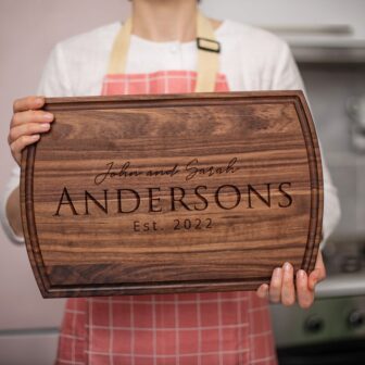 Rustic personalized wooden cutting board for newlyweds
