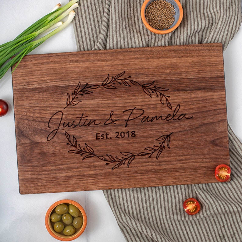 Personalized Cutting Board with engraved Flower Design as Wedding Shower Gift