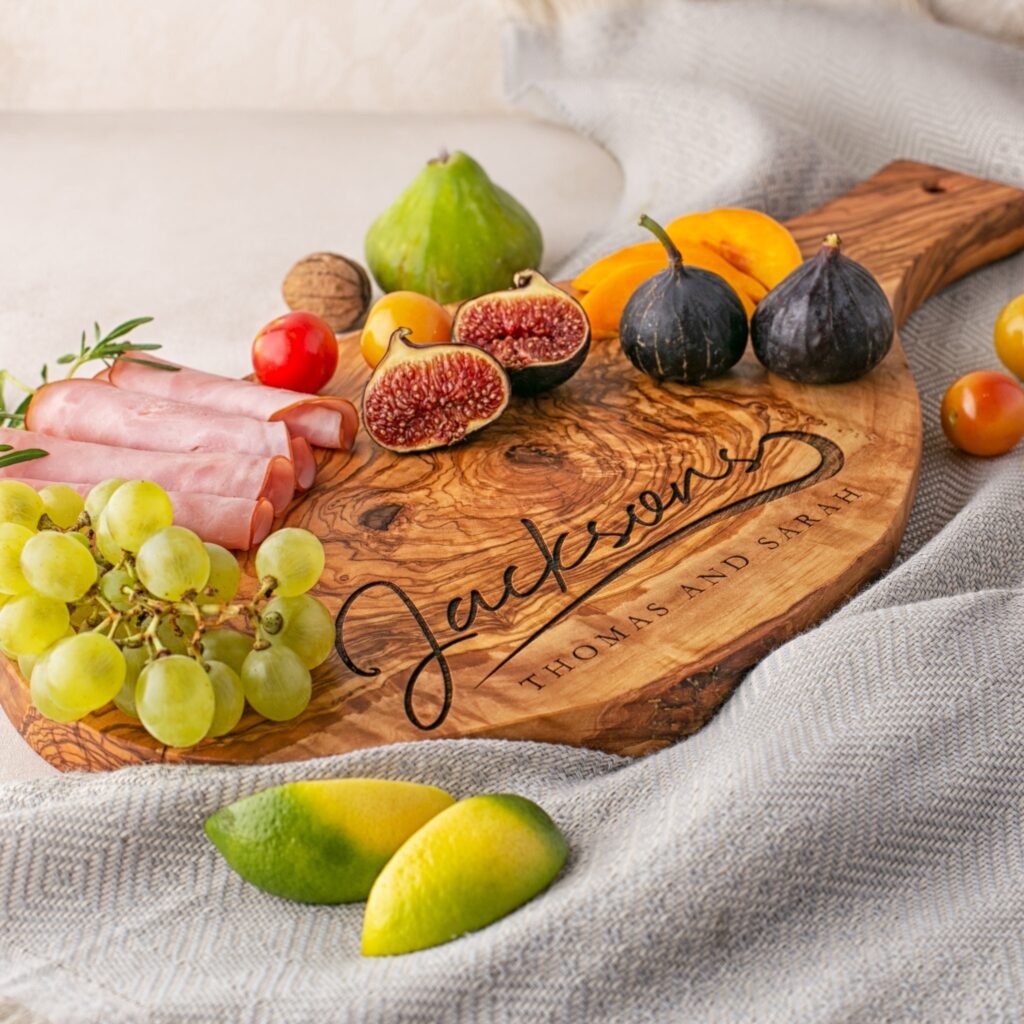 Olive wood serving board with personalization