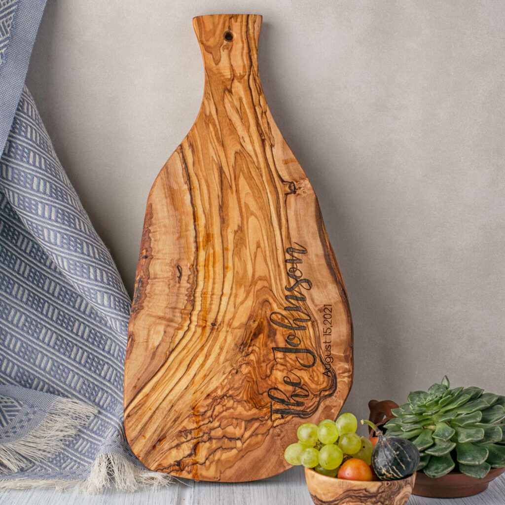 Handcrafted personalized olive wood charcuterie serving board