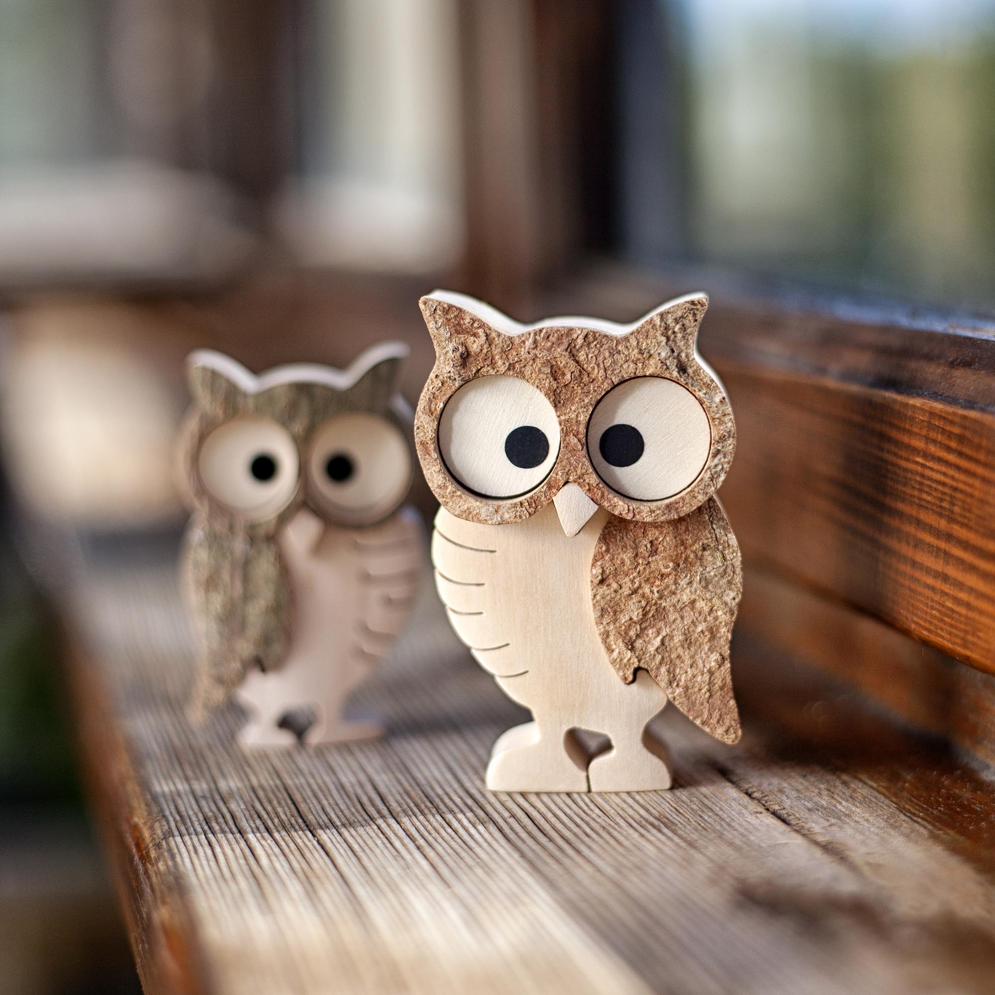 Two-Piece Wooden Bark Owl Figurines