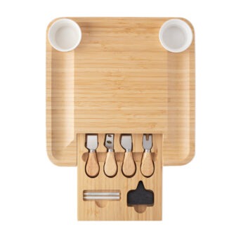 Bamboo cheese board with integrated cutlery set and round serving bowls.