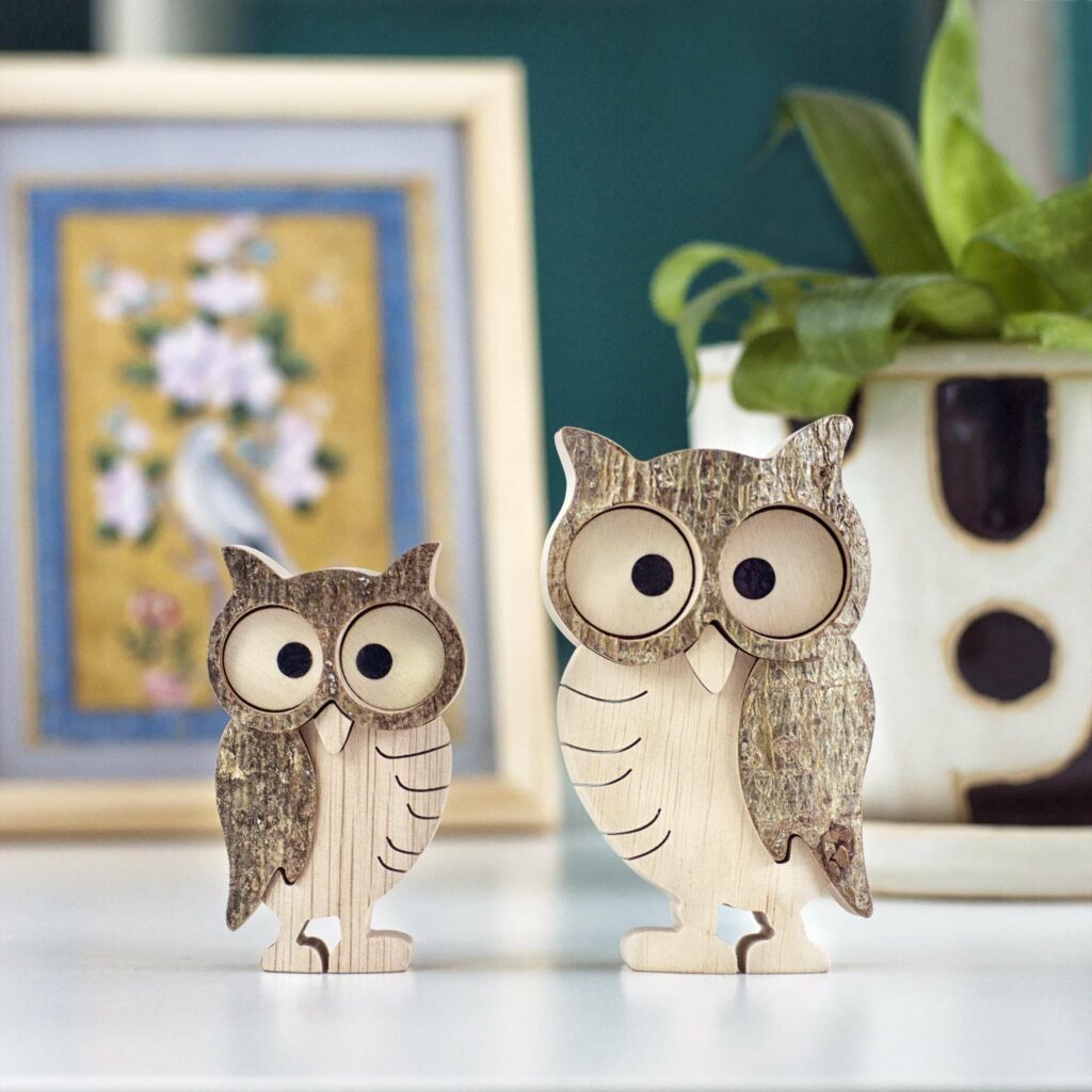 Two-Piece Set of Wood Snowy Owl Figurines