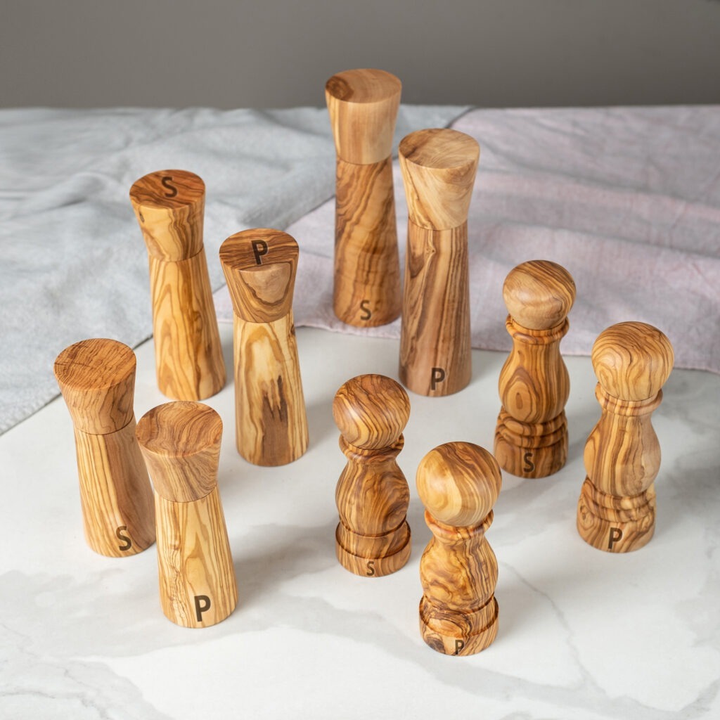 Olive wood salt and pepper shakers.