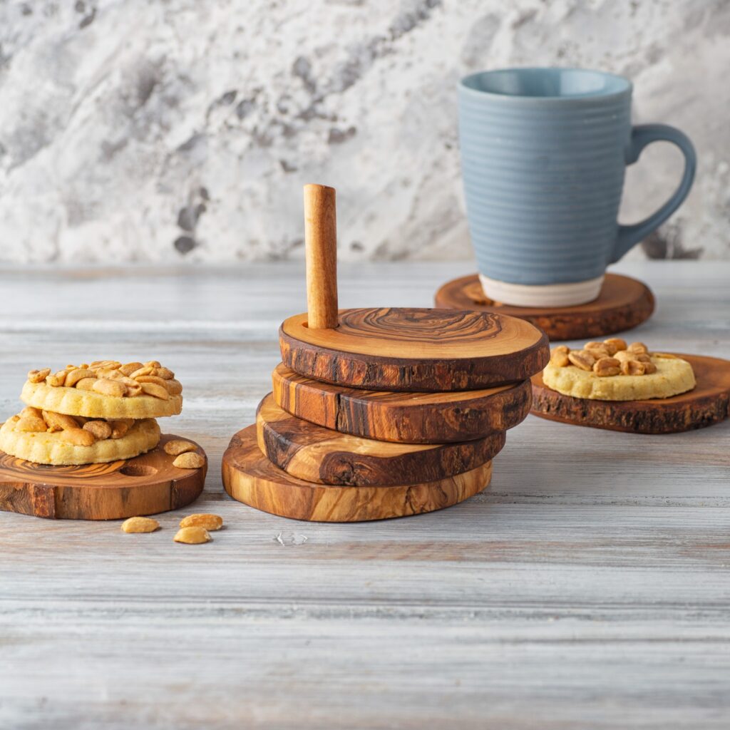 Olive wood set of 6 Coasters in Rustic Holder