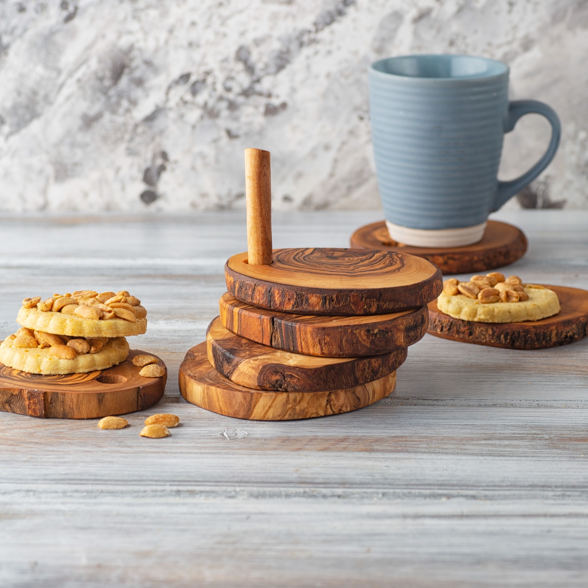 Personalized Olive Wood Engraved Round Coasters Set - Forest Decor