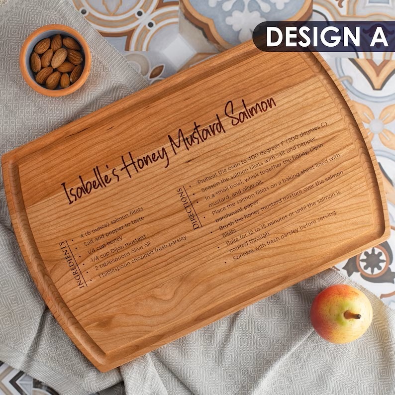 A wooden cutting board with a recipe on it.
