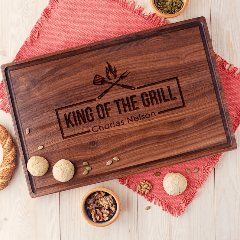 Personalized king of the grill cutting board as Personalized Mom Gift.