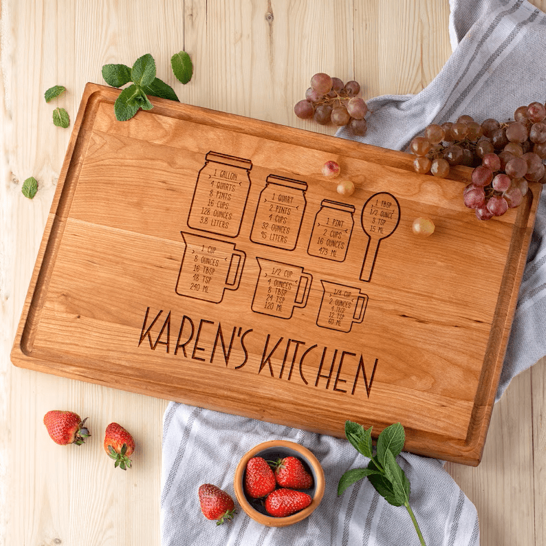Custom Recipe Wooden Chopping Board with the words Karen's kitchen on it.