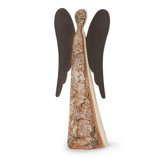 Natural Wood Angel Figurine with Metal Wings (Large)