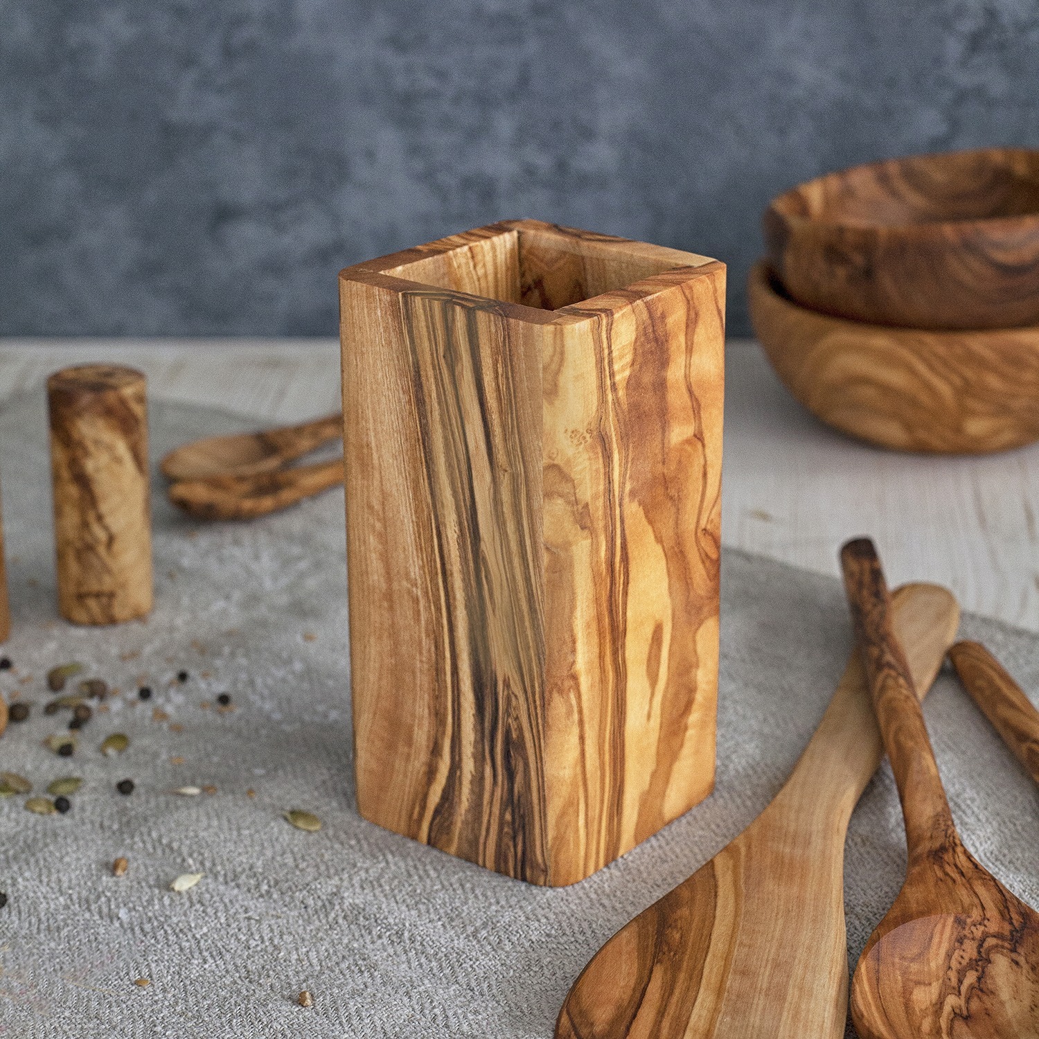 Olive Wood Utensils Holder Forest Decor