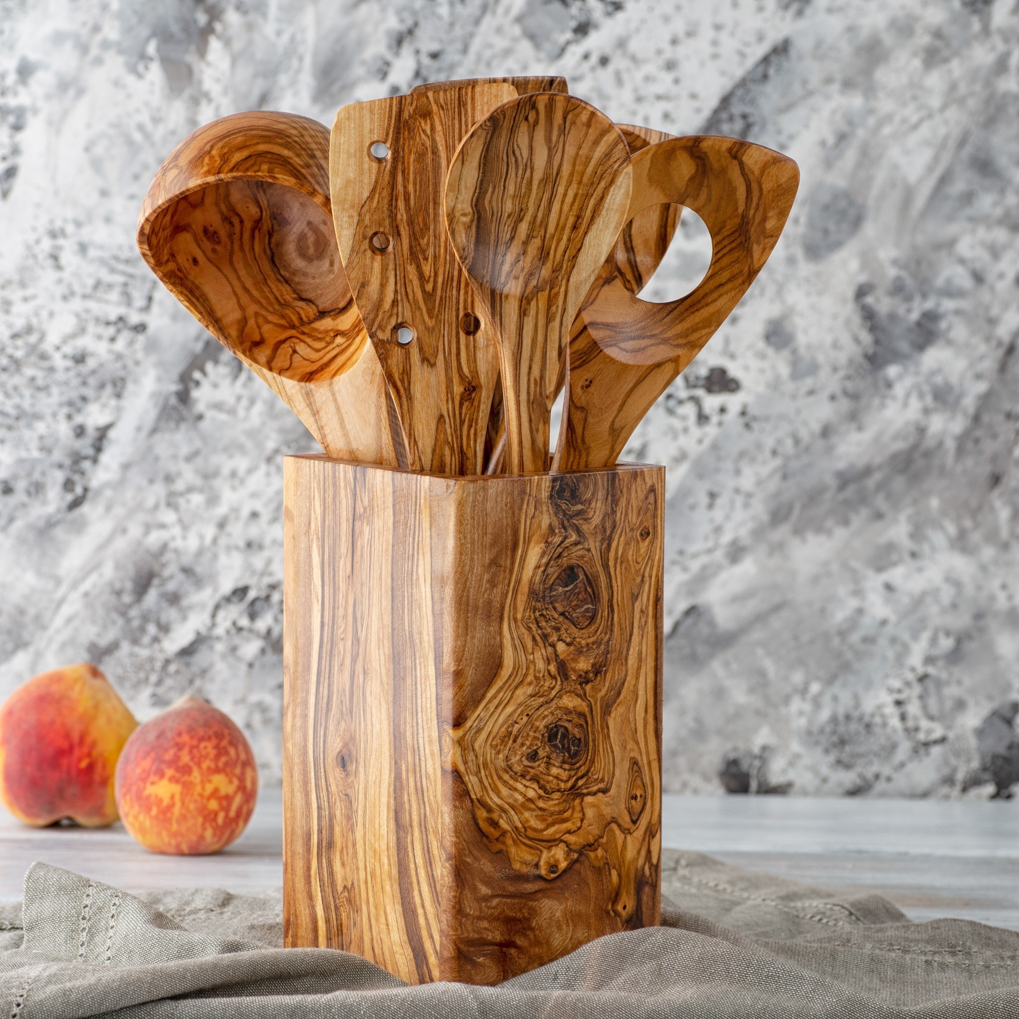 Natural Wooden Kitchen Utensil Holder with Bottle Opener & Storage