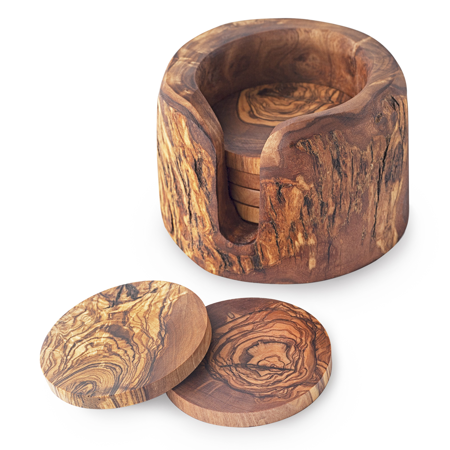 Olive Wood Coasters (Coasters & Log Holder) - Forest Decor