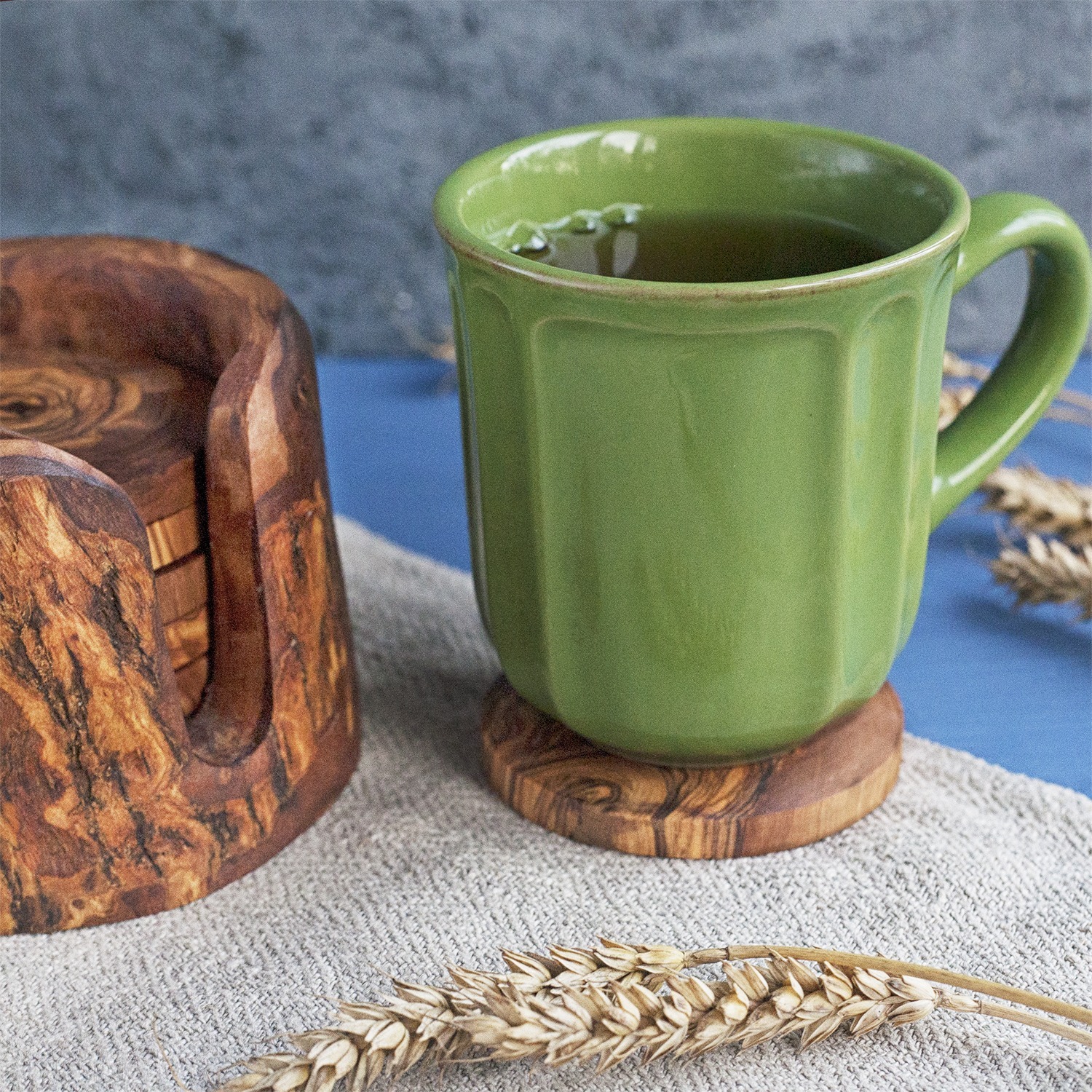 Olive Wood Coasters in a Non Rustic Holder, 6-pcs Set Wooden