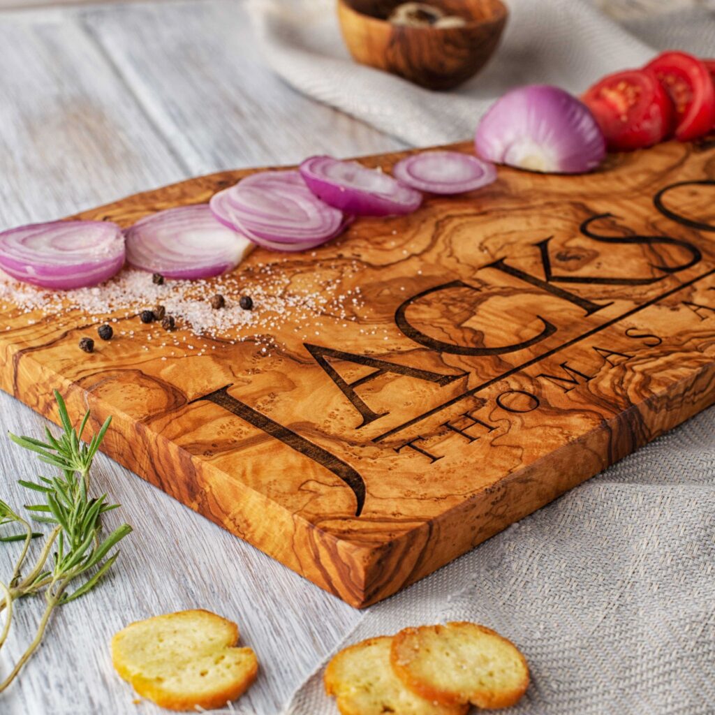 Personalized Olive Wood Cutting Board With Rustic Edge - Forest Decor