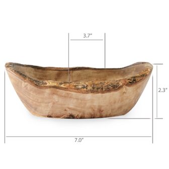 A large wooden bowl with measurements.