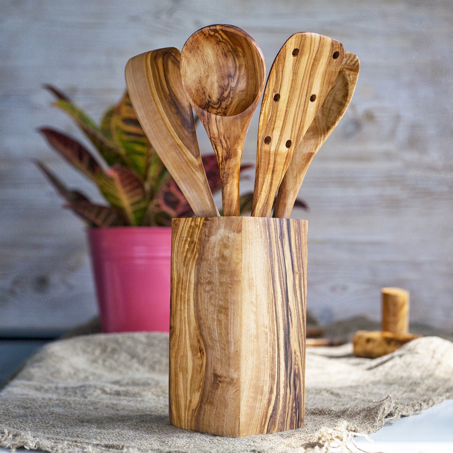 Olive Wood Utensils Holder - Forest Decor