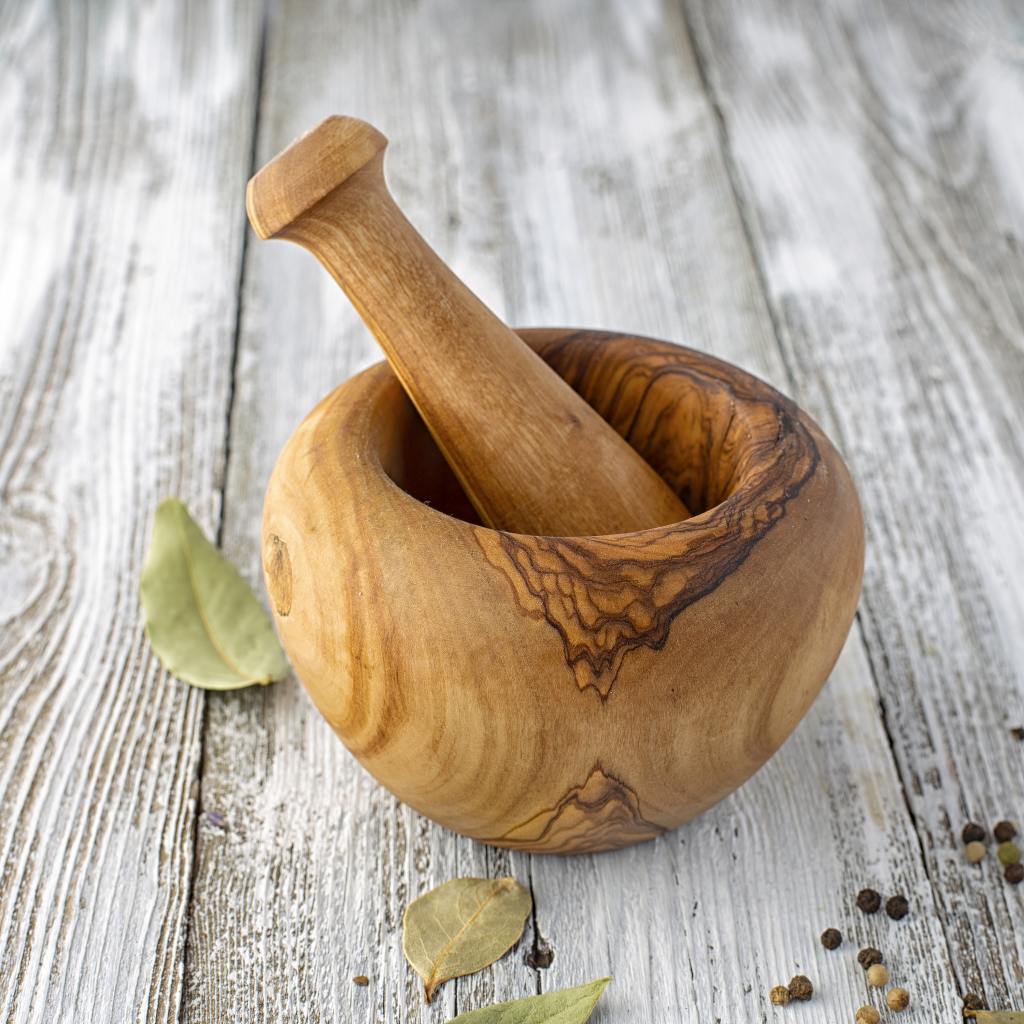 Wood Mortar and Pestle Set Round Forest Decor
