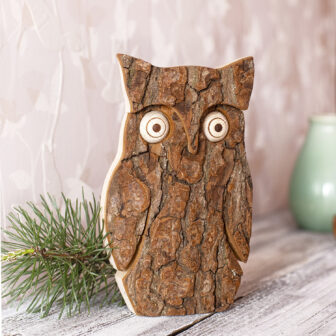 Rustic Wooden Owl with “Live” Bark Front