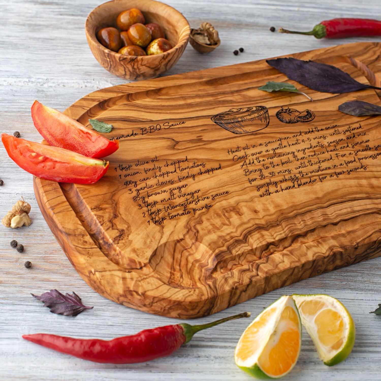 A wooden Steak Cutting Board with a recipe written on it.