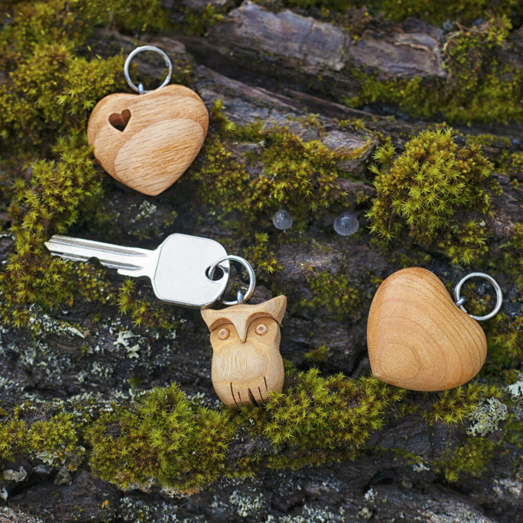 Three wooden keychains