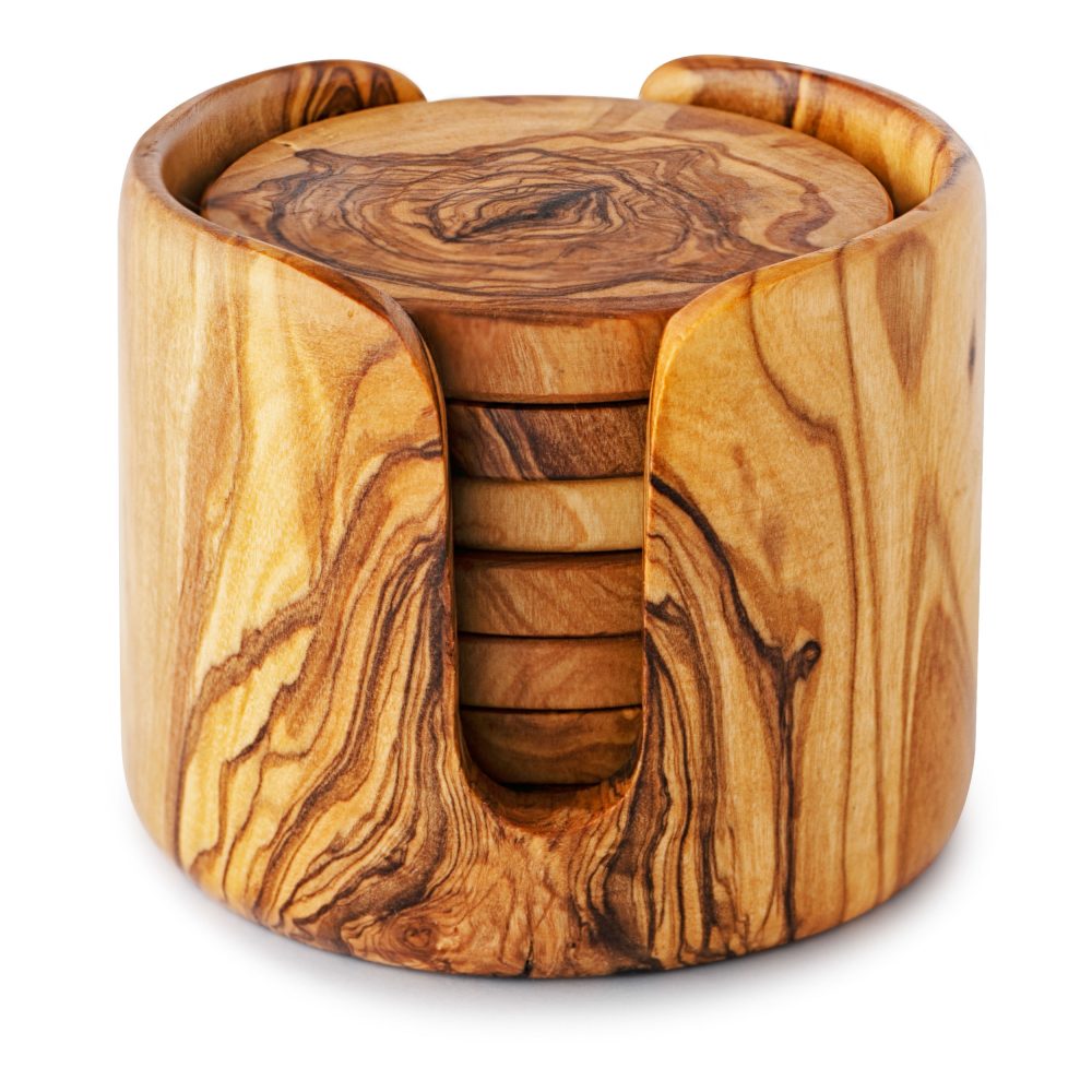 A set of wooden coasters in a wooden holder.