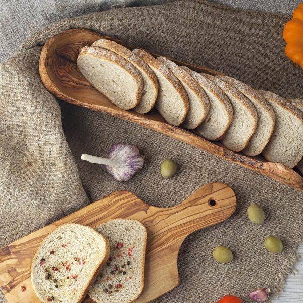 Wooden Bread Bowl & cutting board with bread