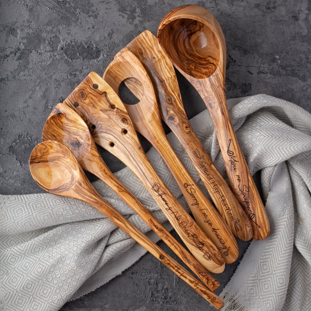Rustic personalized olive wood kitchen tools