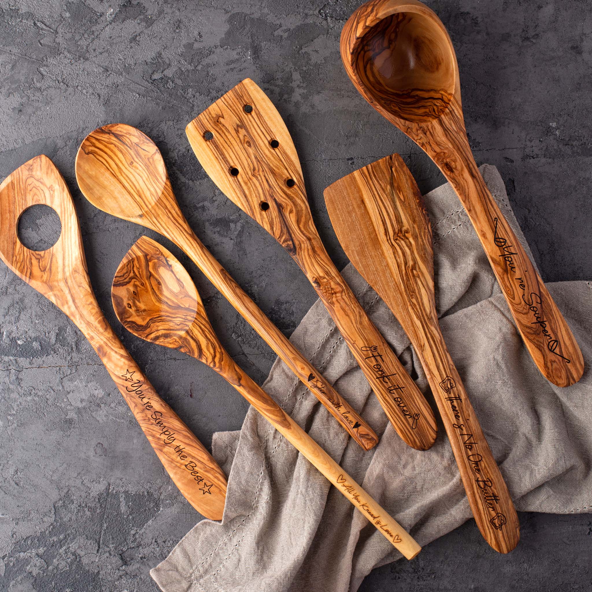 Personalized Olive Wood Utensils (Set of 6) - Forest Decor