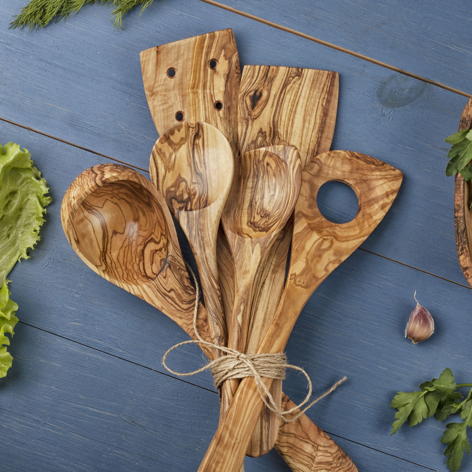 Traditional Olive Wood 5 Piece Kitchen Utensil Set