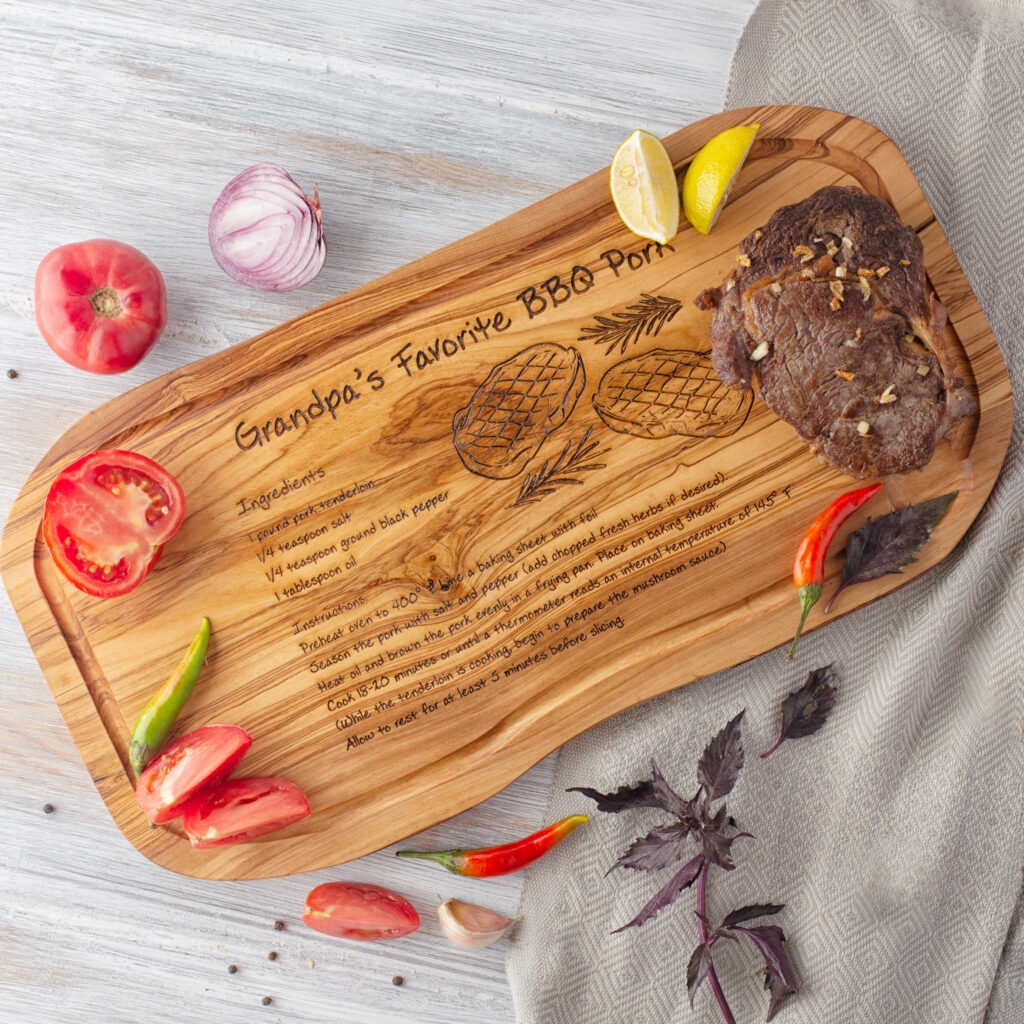 A Recipe Steak Cutting Board with a recipe on it.