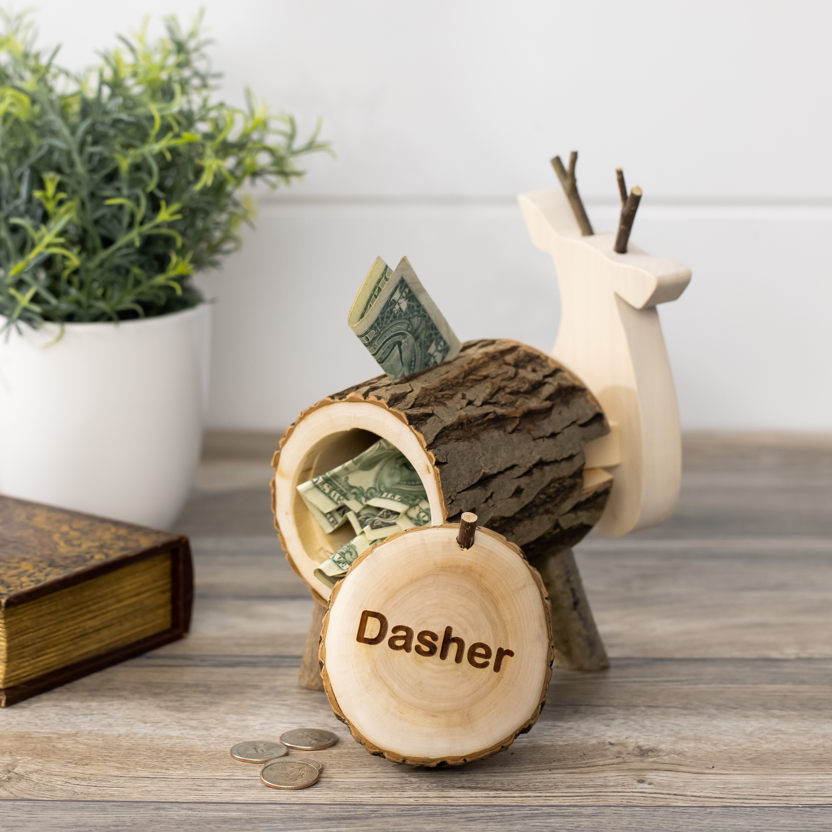 Reindeer Personalized Wood Piggy Bank Forest Decor