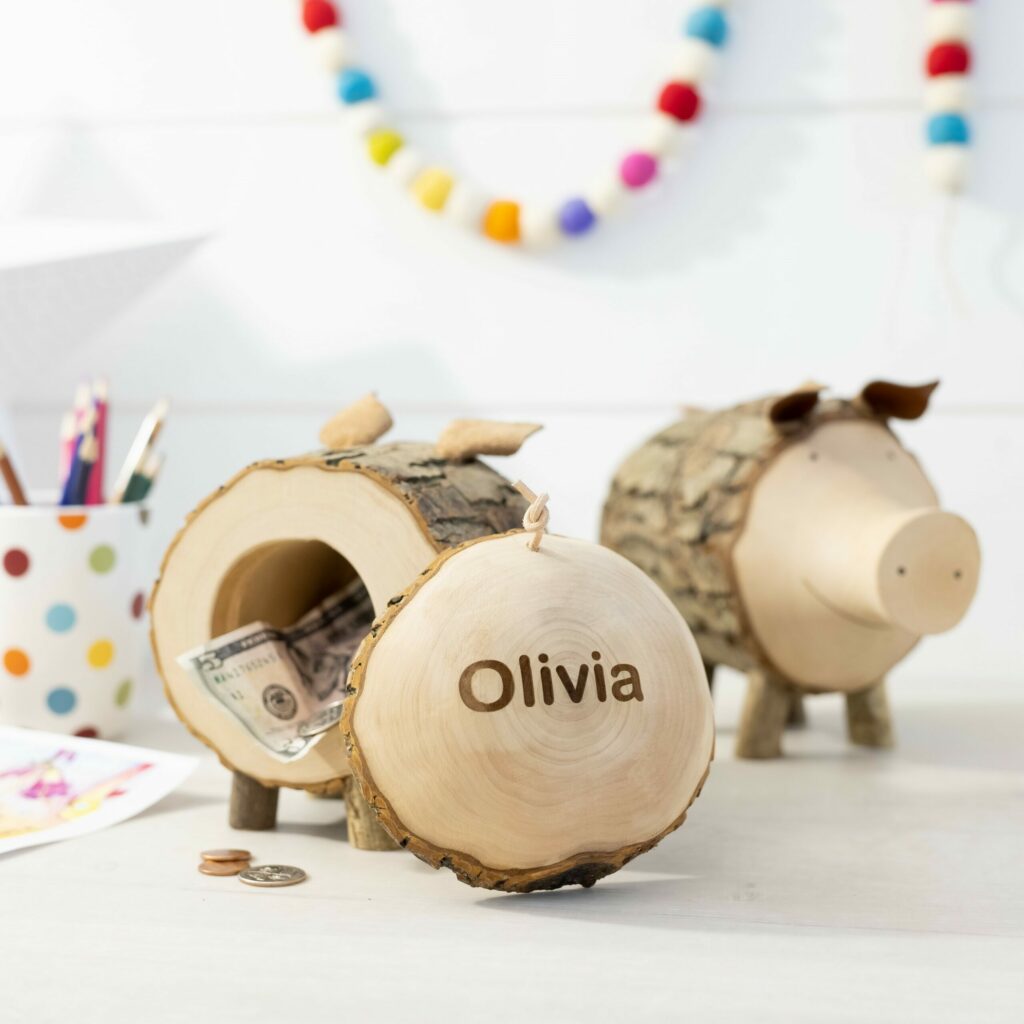Personalised wooden piggy bank.