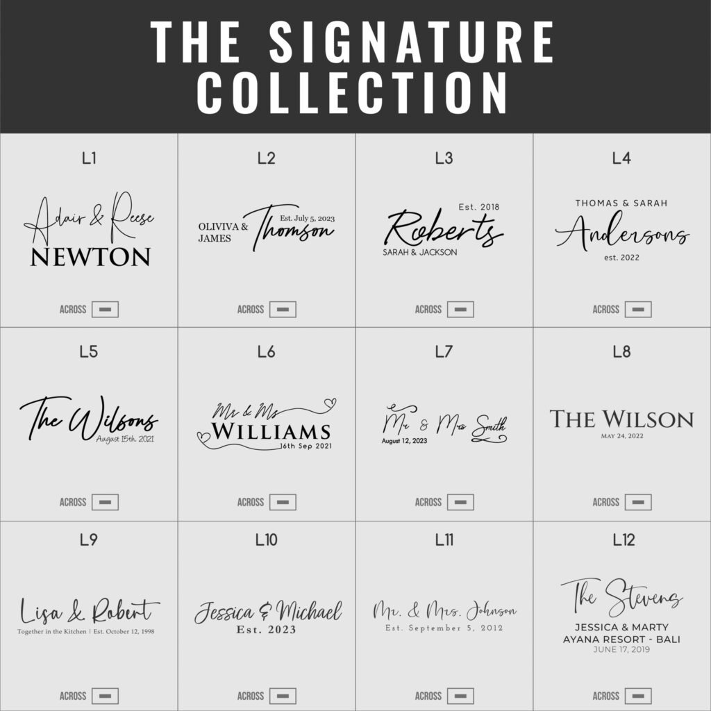 Collection of stylized signature designs for couples with names and dates, suitable for wedding invitations or anniversaries.