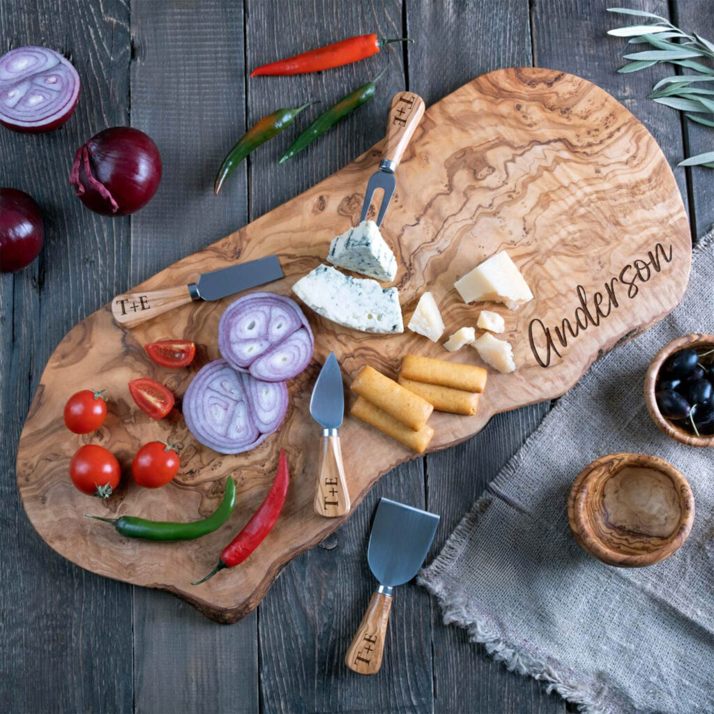Custom Engraved Olive Wood Charcuterie Board with Cheese Knife Set