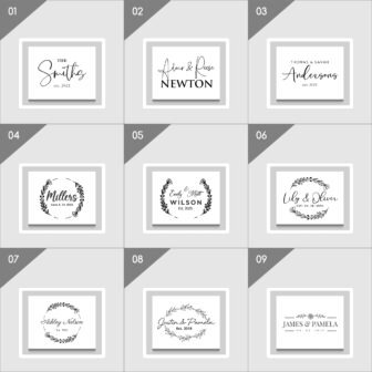 Nine custom wedding logo designs with various typographies and decorative elements, each featuring a different couple's names and wedding dates.