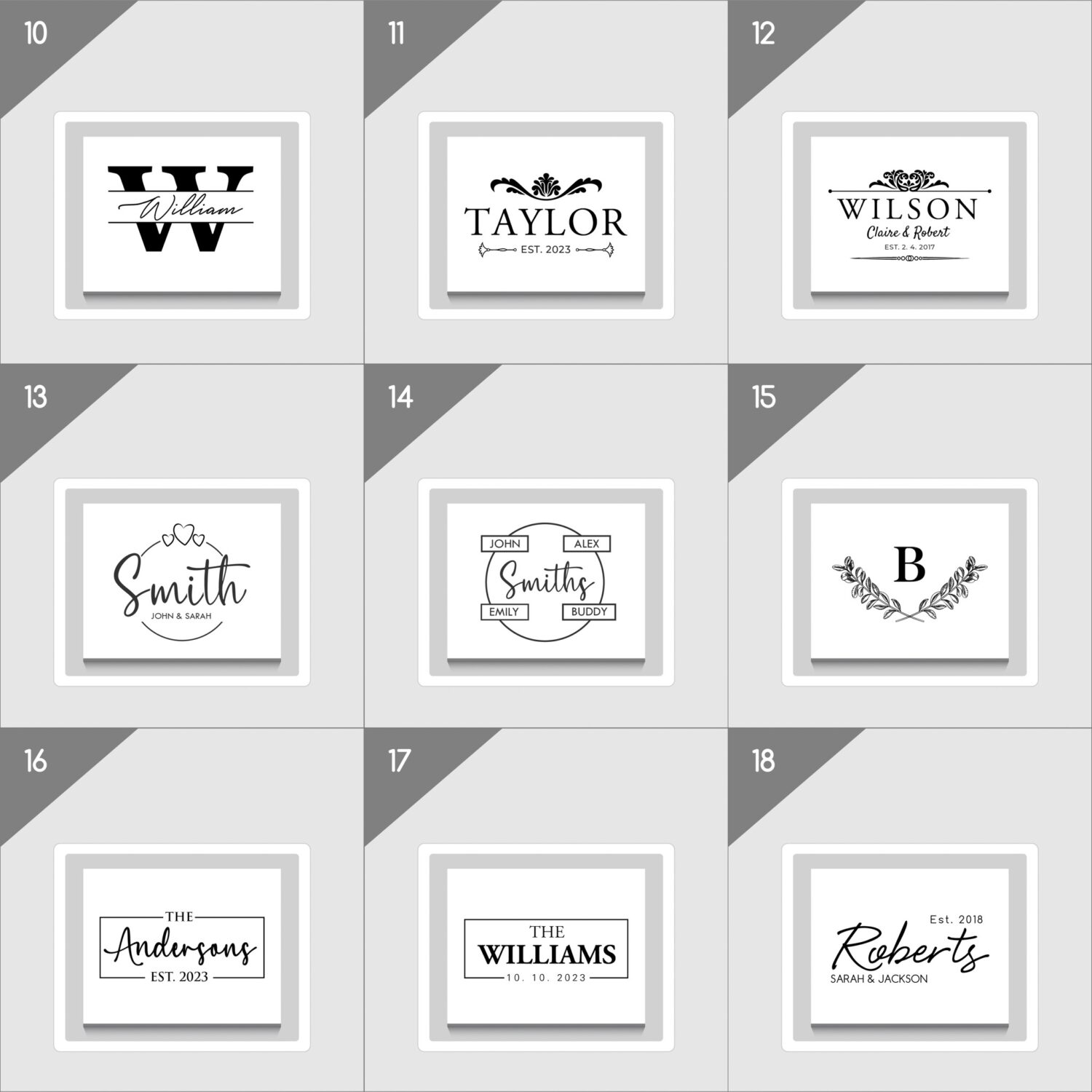 Collection of monochromatic, personalized logo designs for various family names and establishments with decorative elements.