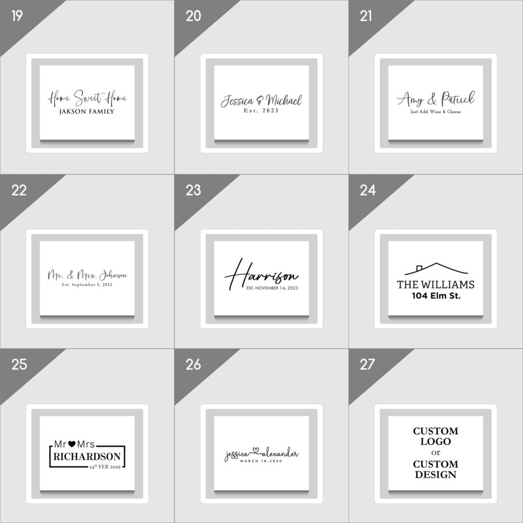 Nine square frames featuring various styles of personalized return address stamps.