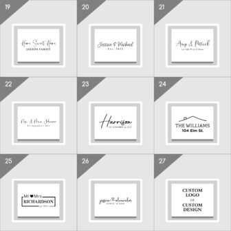 Nine square frames featuring various styles of personalized return address stamps.
