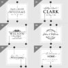 A collage of six personalized black and white design samples featuring various names and dates, likely for events such as weddings, anniversaries, or home welcoming signs.