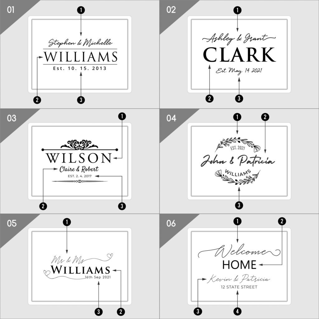A collage of six personalized black and white design samples featuring various names and dates, likely for events such as weddings, anniversaries, or home welcoming signs.