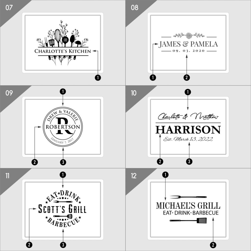 Six square logos with various designs representing personal and business names, each adorned with decorative elements and dates.