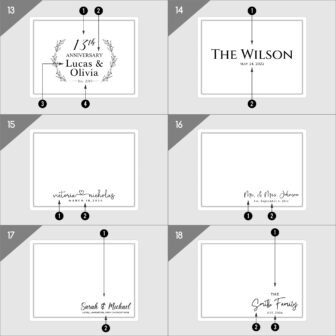 Collection of eight personalized table number cards for a wedding event, featuring elegant black and white designs with floral elements and various typographies.