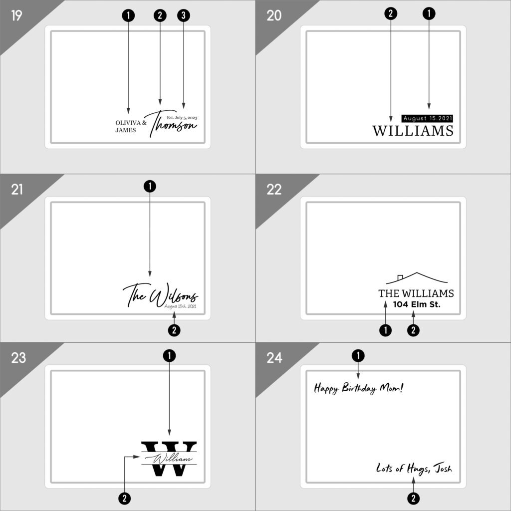 A collection of eight minimalist black-and-white gift tags with various texts and icons.