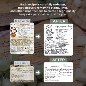 Before and after comparison of recipe card restoration, highlighting the meticulous removal of stains and writing enhancement to preserve a cherished personal keepsake.